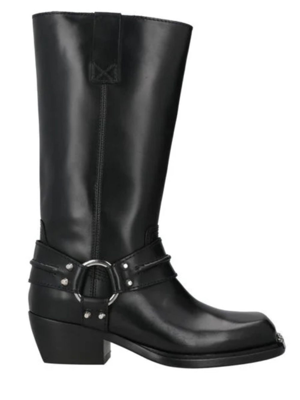 Sandro Black Leather Mid-Calf Harness Moto Western Sixteen Boots